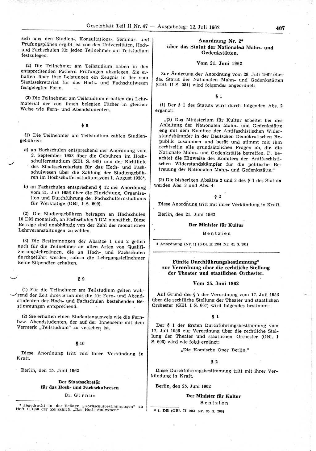 Gesetzblatt (GBl.) der Deutschen Demokratischen Republik (DDR) Teil ⅠⅠ 1962, Seite 407 (GBl. DDR ⅠⅠ 1962, S. 407)