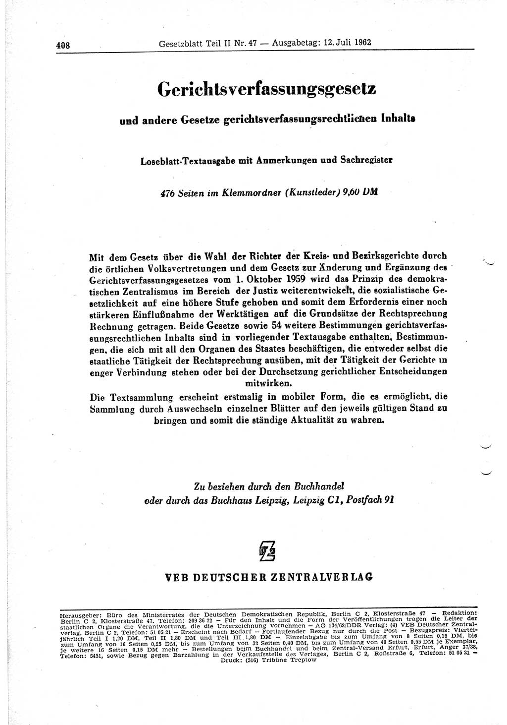 Gesetzblatt (GBl.) der Deutschen Demokratischen Republik (DDR) Teil ⅠⅠ 1962, Seite 408 (GBl. DDR ⅠⅠ 1962, S. 408)