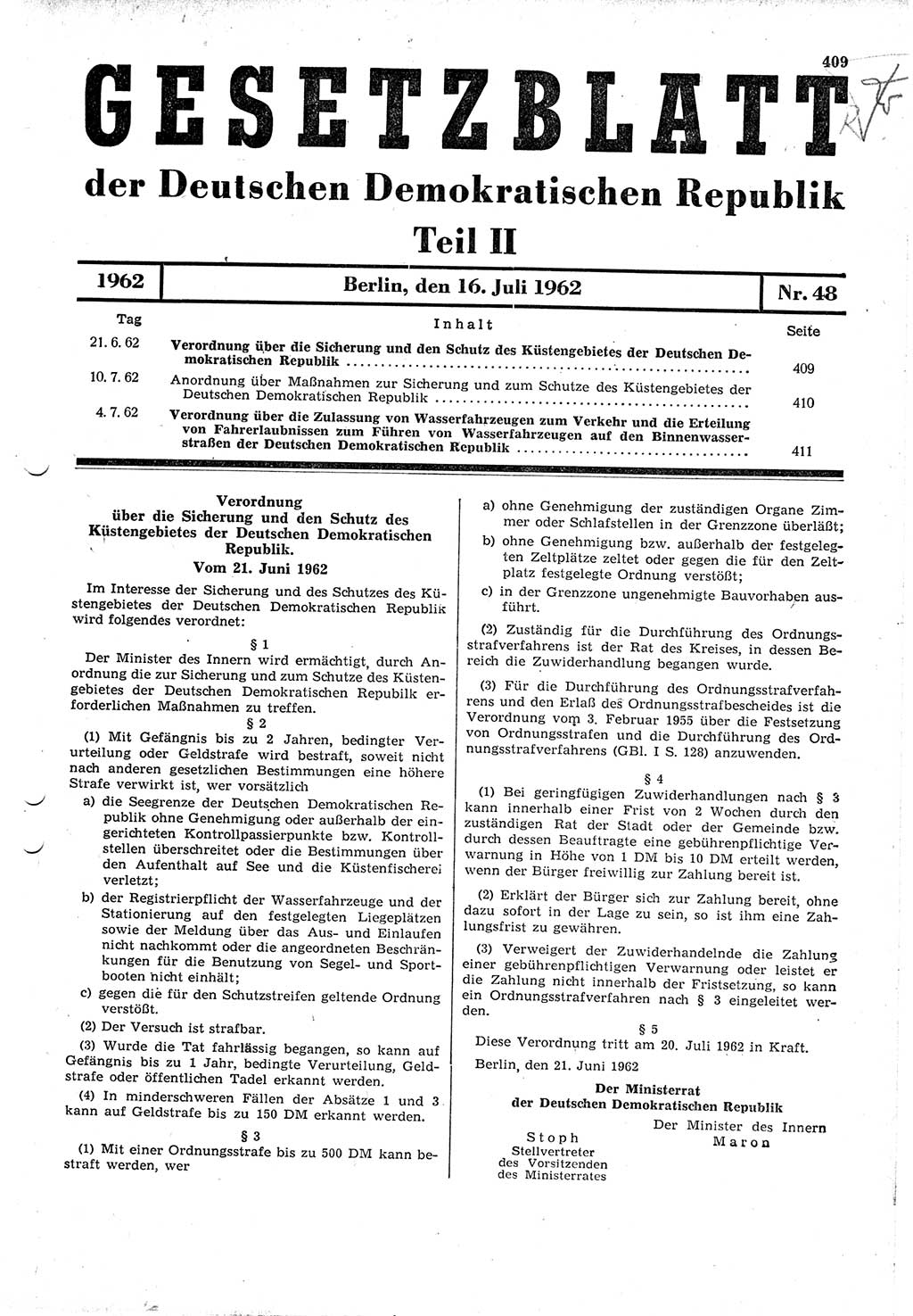 Gesetzblatt (GBl.) der Deutschen Demokratischen Republik (DDR) Teil ⅠⅠ 1962, Seite 409 (GBl. DDR ⅠⅠ 1962, S. 409)