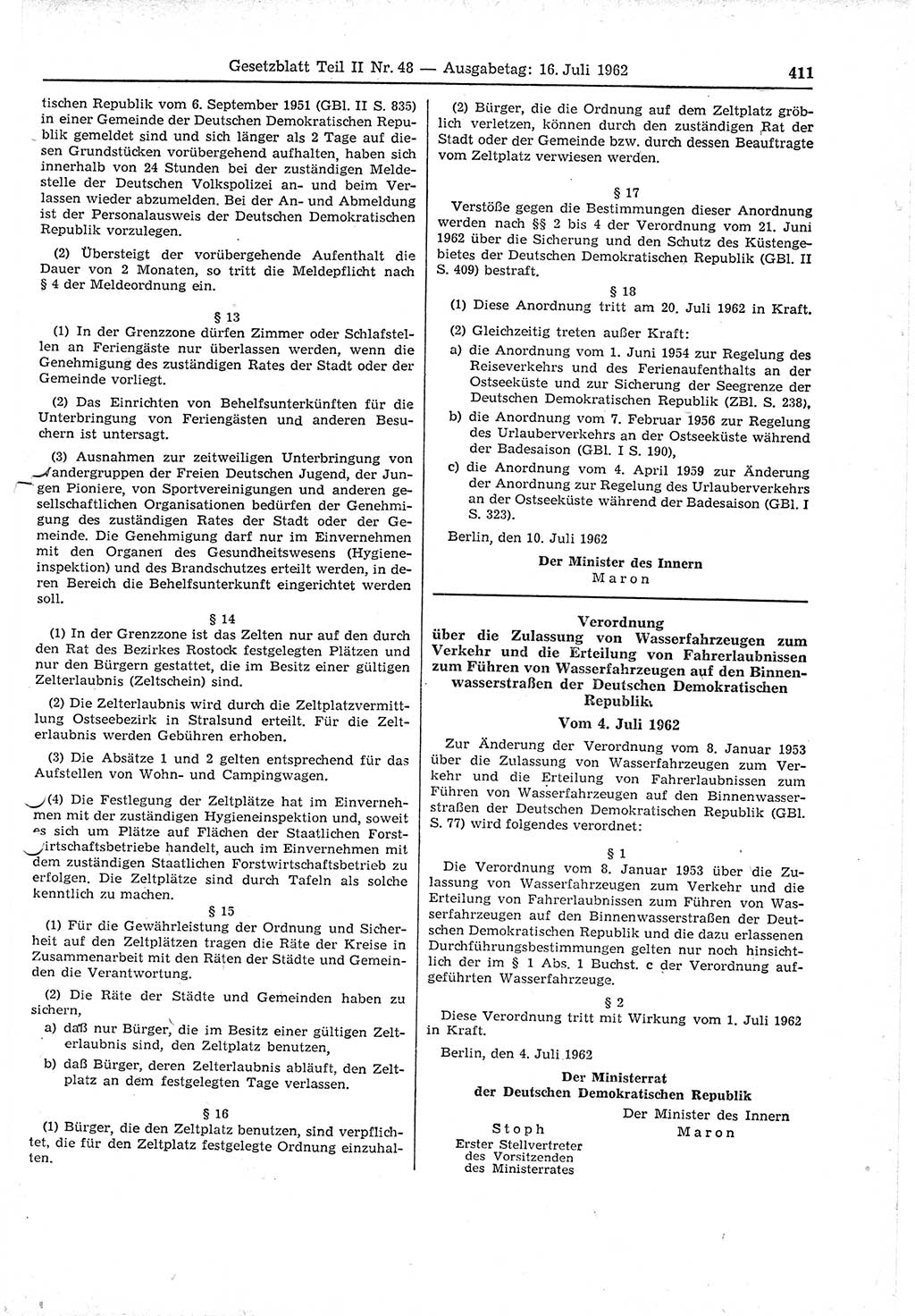 Gesetzblatt (GBl.) der Deutschen Demokratischen Republik (DDR) Teil ⅠⅠ 1962, Seite 411 (GBl. DDR ⅠⅠ 1962, S. 411)