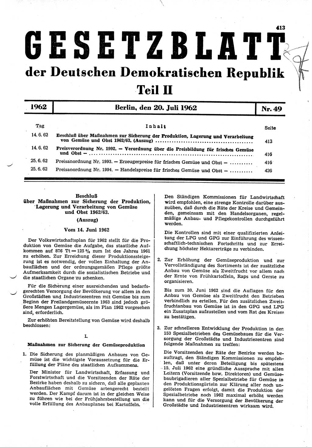 Gesetzblatt (GBl.) der Deutschen Demokratischen Republik (DDR) Teil ⅠⅠ 1962, Seite 413 (GBl. DDR ⅠⅠ 1962, S. 413)