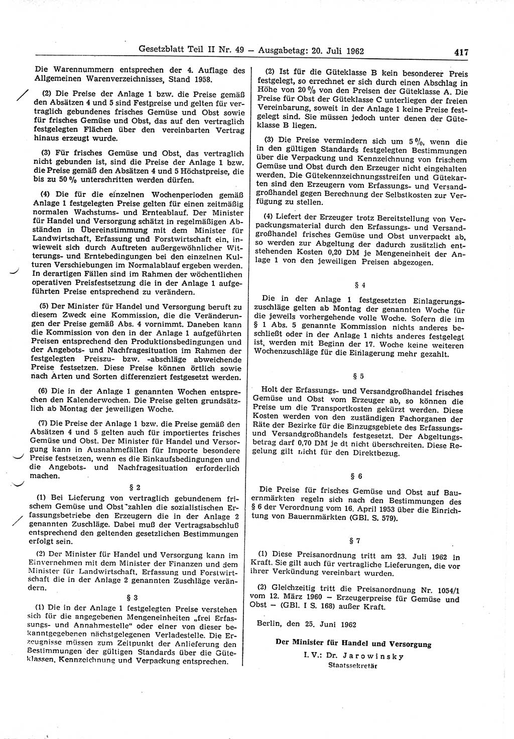 Gesetzblatt (GBl.) der Deutschen Demokratischen Republik (DDR) Teil ⅠⅠ 1962, Seite 417 (GBl. DDR ⅠⅠ 1962, S. 417)