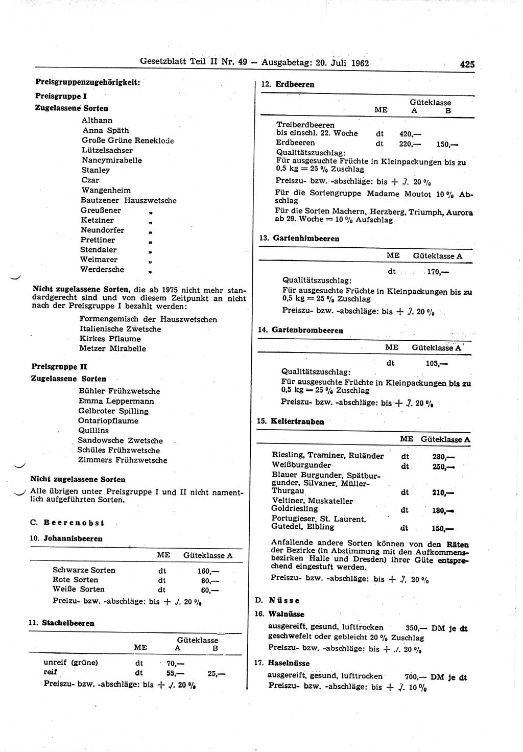 Gesetzblatt (GBl.) der Deutschen Demokratischen Republik (DDR) Teil ⅠⅠ 1962, Seite 425 (GBl. DDR ⅠⅠ 1962, S. 425)