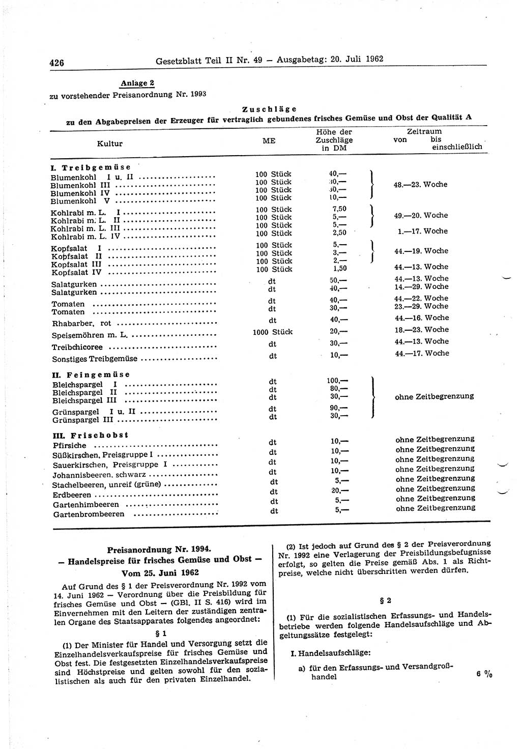 Gesetzblatt (GBl.) der Deutschen Demokratischen Republik (DDR) Teil ⅠⅠ 1962, Seite 426 (GBl. DDR ⅠⅠ 1962, S. 426)