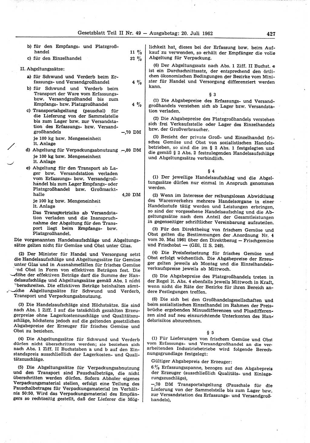 Gesetzblatt (GBl.) der Deutschen Demokratischen Republik (DDR) Teil ⅠⅠ 1962, Seite 427 (GBl. DDR ⅠⅠ 1962, S. 427)