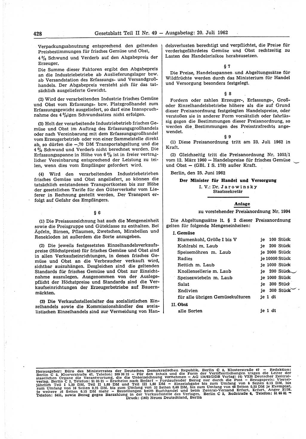 Gesetzblatt (GBl.) der Deutschen Demokratischen Republik (DDR) Teil ⅠⅠ 1962, Seite 428 (GBl. DDR ⅠⅠ 1962, S. 428)