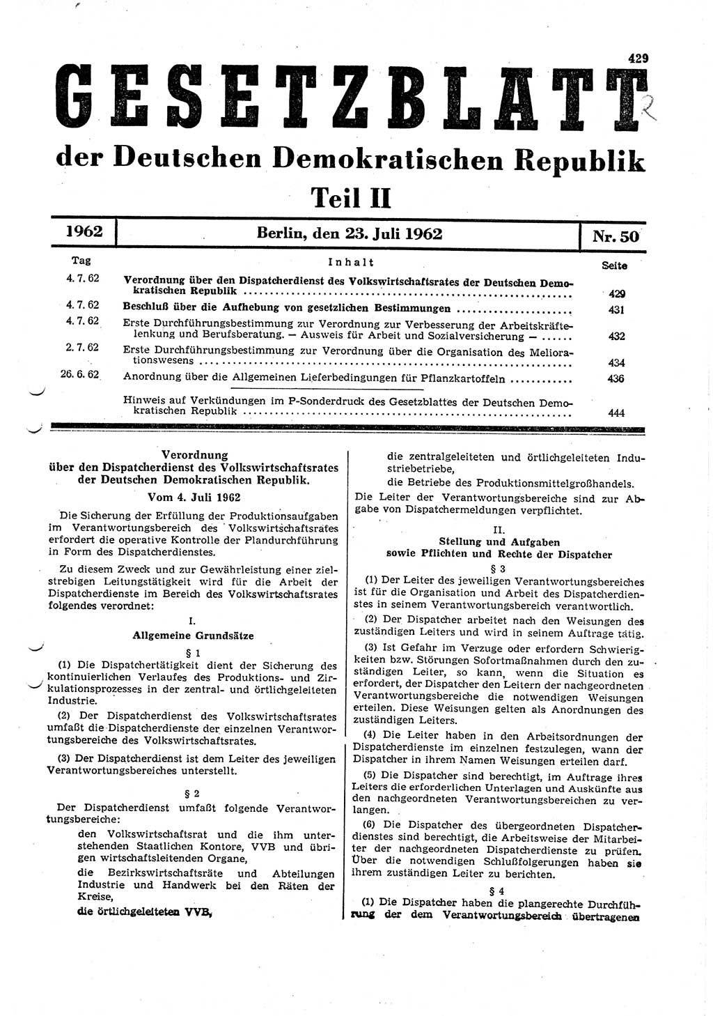 Gesetzblatt (GBl.) der Deutschen Demokratischen Republik (DDR) Teil ⅠⅠ 1962, Seite 429 (GBl. DDR ⅠⅠ 1962, S. 429)