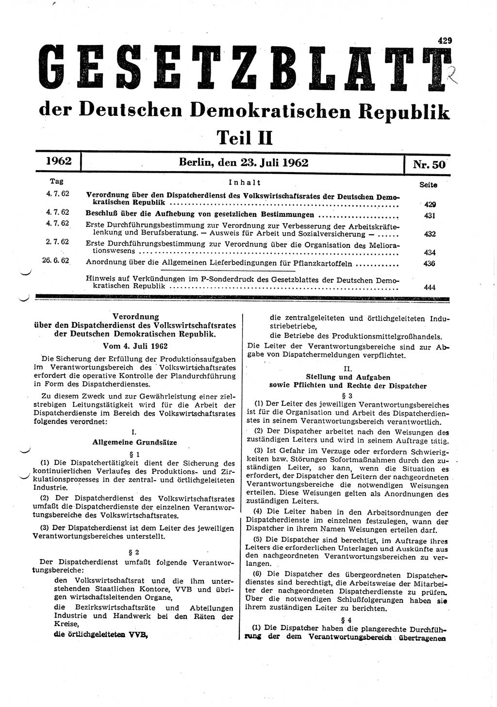 Gesetzblatt (GBl.) der Deutschen Demokratischen Republik (DDR) Teil ⅠⅠ 1962, Seite 429 (GBl. DDR ⅠⅠ 1962, S. 429)