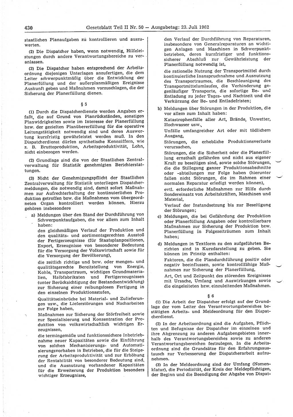 Gesetzblatt (GBl.) der Deutschen Demokratischen Republik (DDR) Teil ⅠⅠ 1962, Seite 430 (GBl. DDR ⅠⅠ 1962, S. 430)