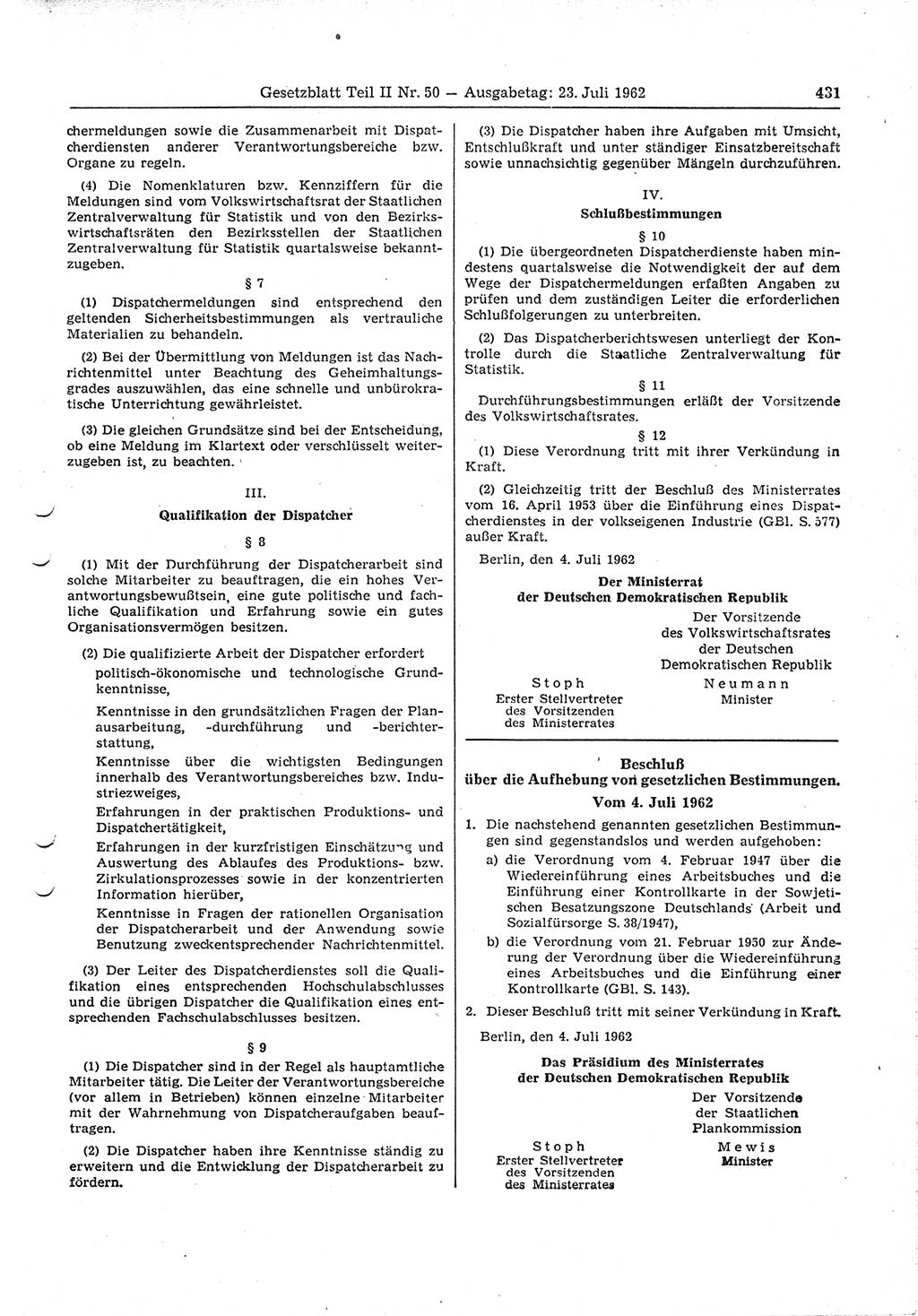 Gesetzblatt (GBl.) der Deutschen Demokratischen Republik (DDR) Teil ⅠⅠ 1962, Seite 431 (GBl. DDR ⅠⅠ 1962, S. 431)