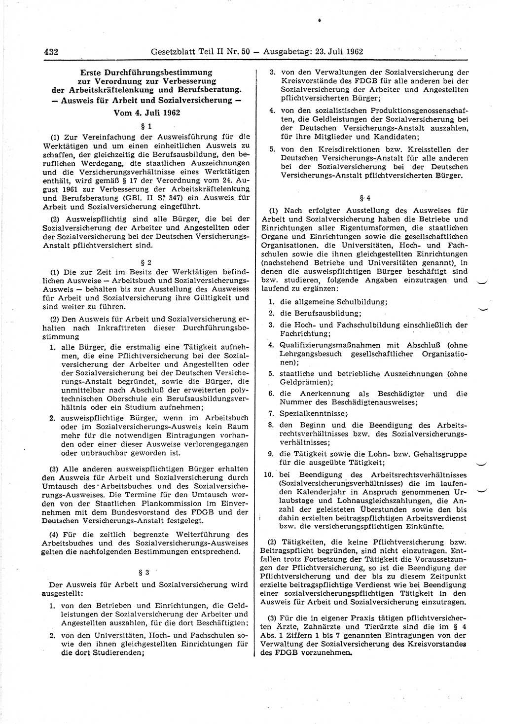 Gesetzblatt (GBl.) der Deutschen Demokratischen Republik (DDR) Teil ⅠⅠ 1962, Seite 432 (GBl. DDR ⅠⅠ 1962, S. 432)