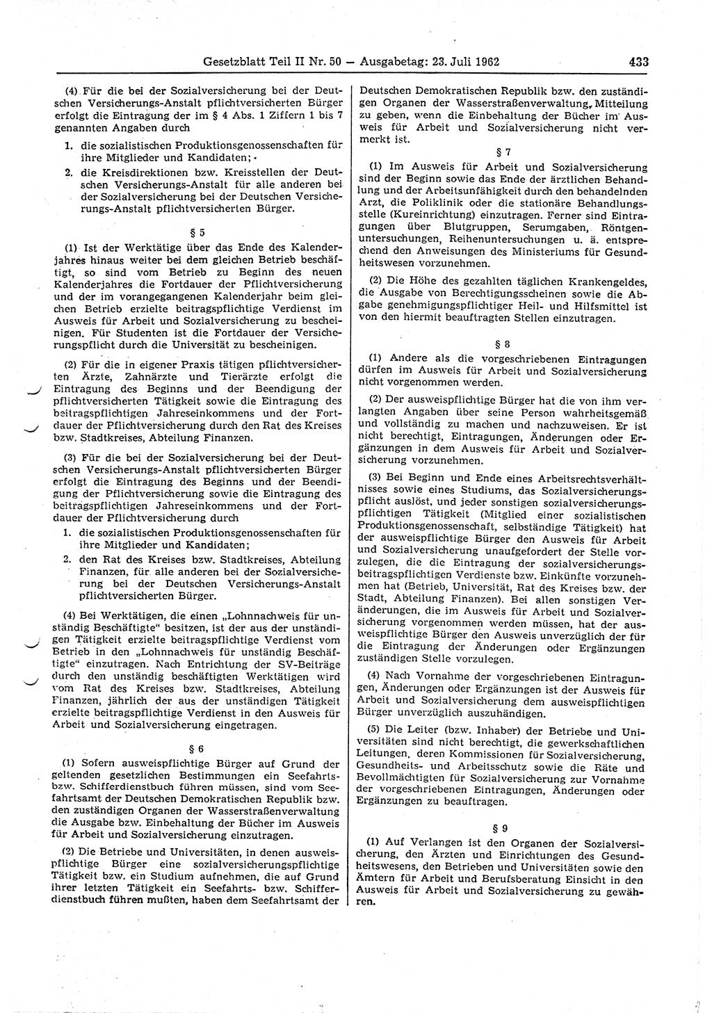 Gesetzblatt (GBl.) der Deutschen Demokratischen Republik (DDR) Teil ⅠⅠ 1962, Seite 433 (GBl. DDR ⅠⅠ 1962, S. 433)
