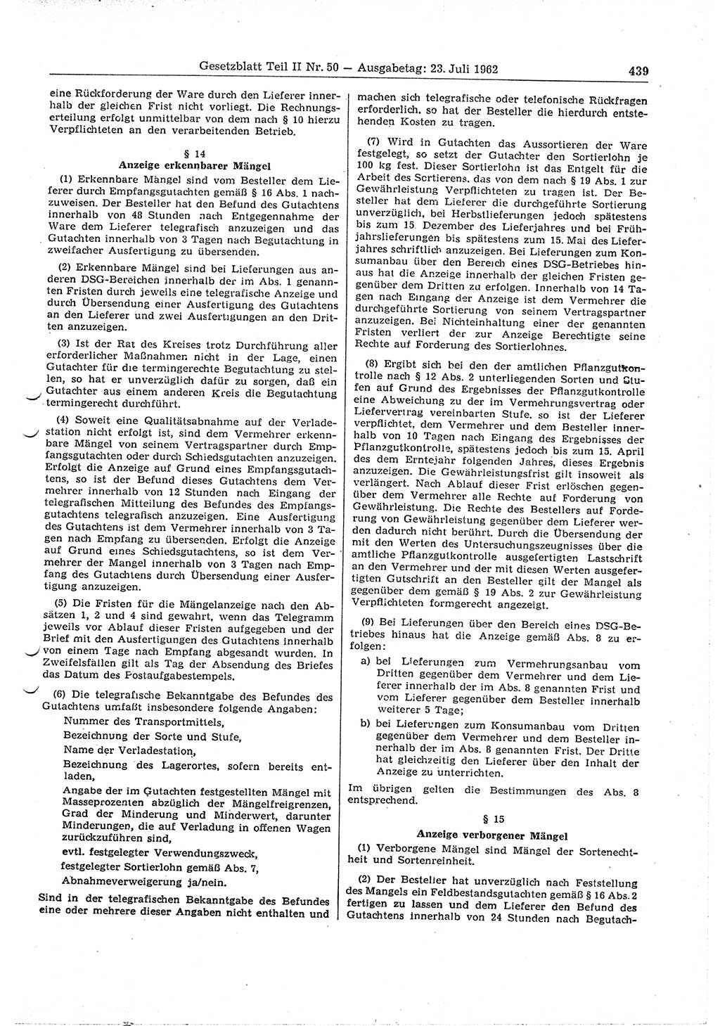 Gesetzblatt (GBl.) der Deutschen Demokratischen Republik (DDR) Teil ⅠⅠ 1962, Seite 439 (GBl. DDR ⅠⅠ 1962, S. 439)