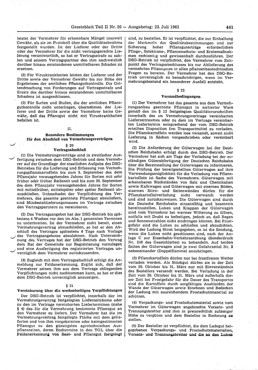 Gesetzblatt (GBl.) der Deutschen Demokratischen Republik (DDR) Teil ⅠⅠ 1962, Seite 441 (GBl. DDR ⅠⅠ 1962, S. 441)