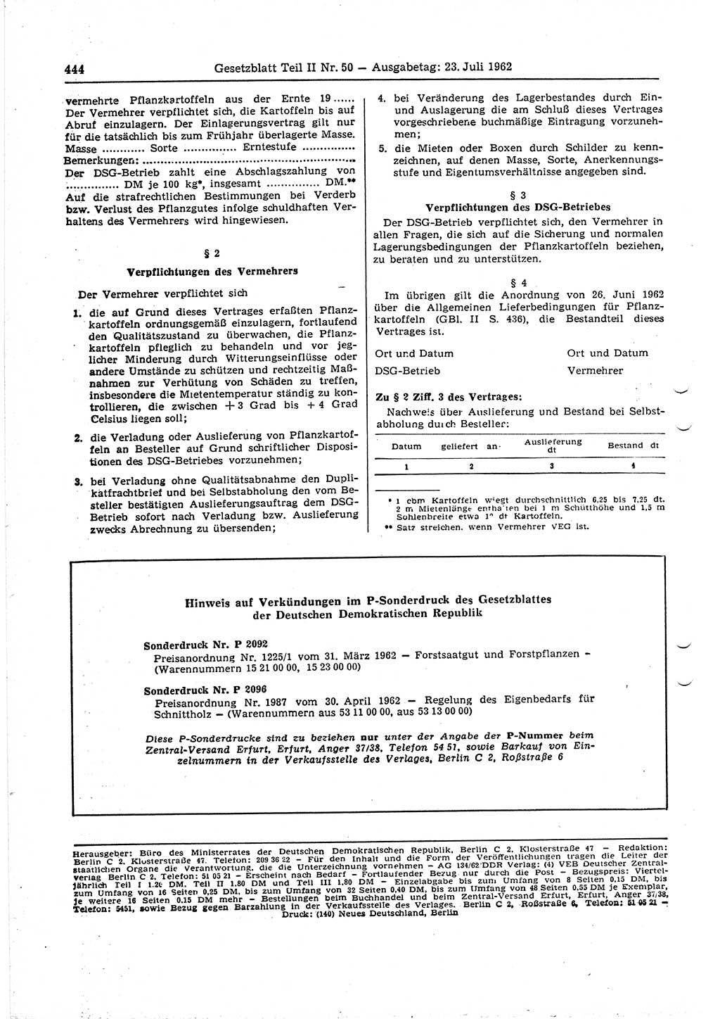 Gesetzblatt (GBl.) der Deutschen Demokratischen Republik (DDR) Teil ⅠⅠ 1962, Seite 444 (GBl. DDR ⅠⅠ 1962, S. 444)