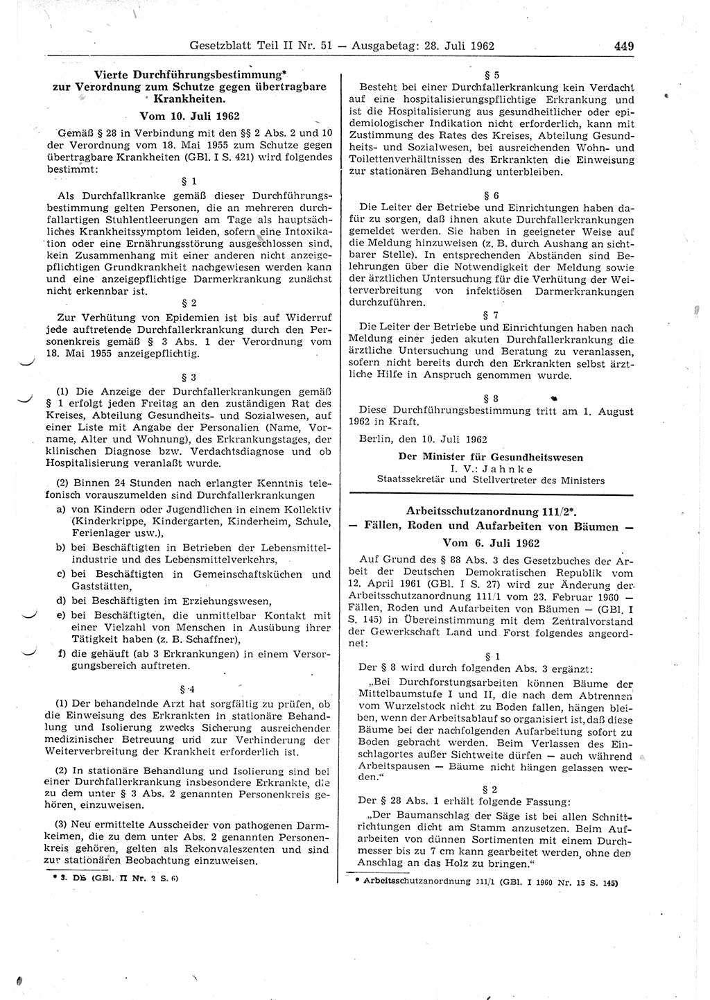 Gesetzblatt (GBl.) der Deutschen Demokratischen Republik (DDR) Teil ⅠⅠ 1962, Seite 449 (GBl. DDR ⅠⅠ 1962, S. 449)