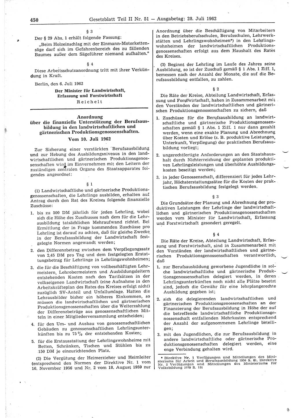 Gesetzblatt (GBl.) der Deutschen Demokratischen Republik (DDR) Teil ⅠⅠ 1962, Seite 450 (GBl. DDR ⅠⅠ 1962, S. 450)