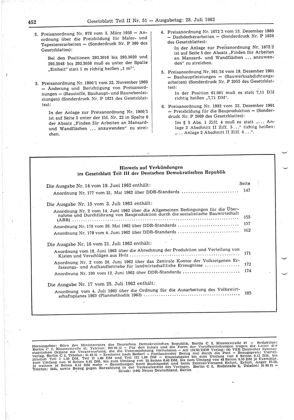 Gesetzblatt (GBl.) der Deutschen Demokratischen Republik (DDR) Teil ⅠⅠ 1962, Seite 452 (GBl. DDR ⅠⅠ 1962, S. 452)