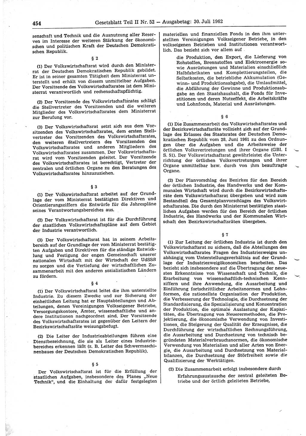 Gesetzblatt (GBl.) der Deutschen Demokratischen Republik (DDR) Teil ⅠⅠ 1962, Seite 454 (GBl. DDR ⅠⅠ 1962, S. 454)