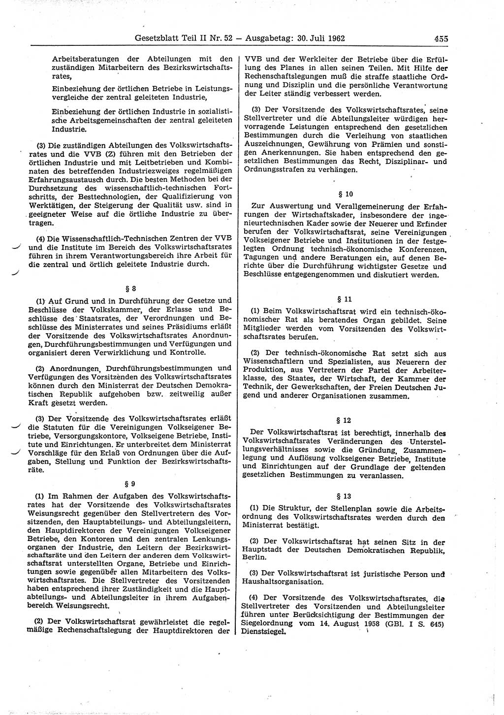 Gesetzblatt (GBl.) der Deutschen Demokratischen Republik (DDR) Teil ⅠⅠ 1962, Seite 455 (GBl. DDR ⅠⅠ 1962, S. 455)