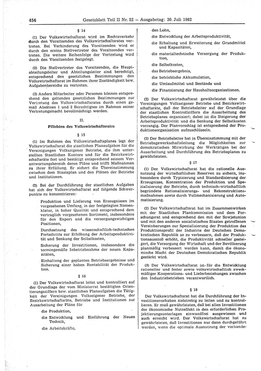 Gesetzblatt (GBl.) der Deutschen Demokratischen Republik (DDR) Teil ⅠⅠ 1962, Seite 456 (GBl. DDR ⅠⅠ 1962, S. 456)