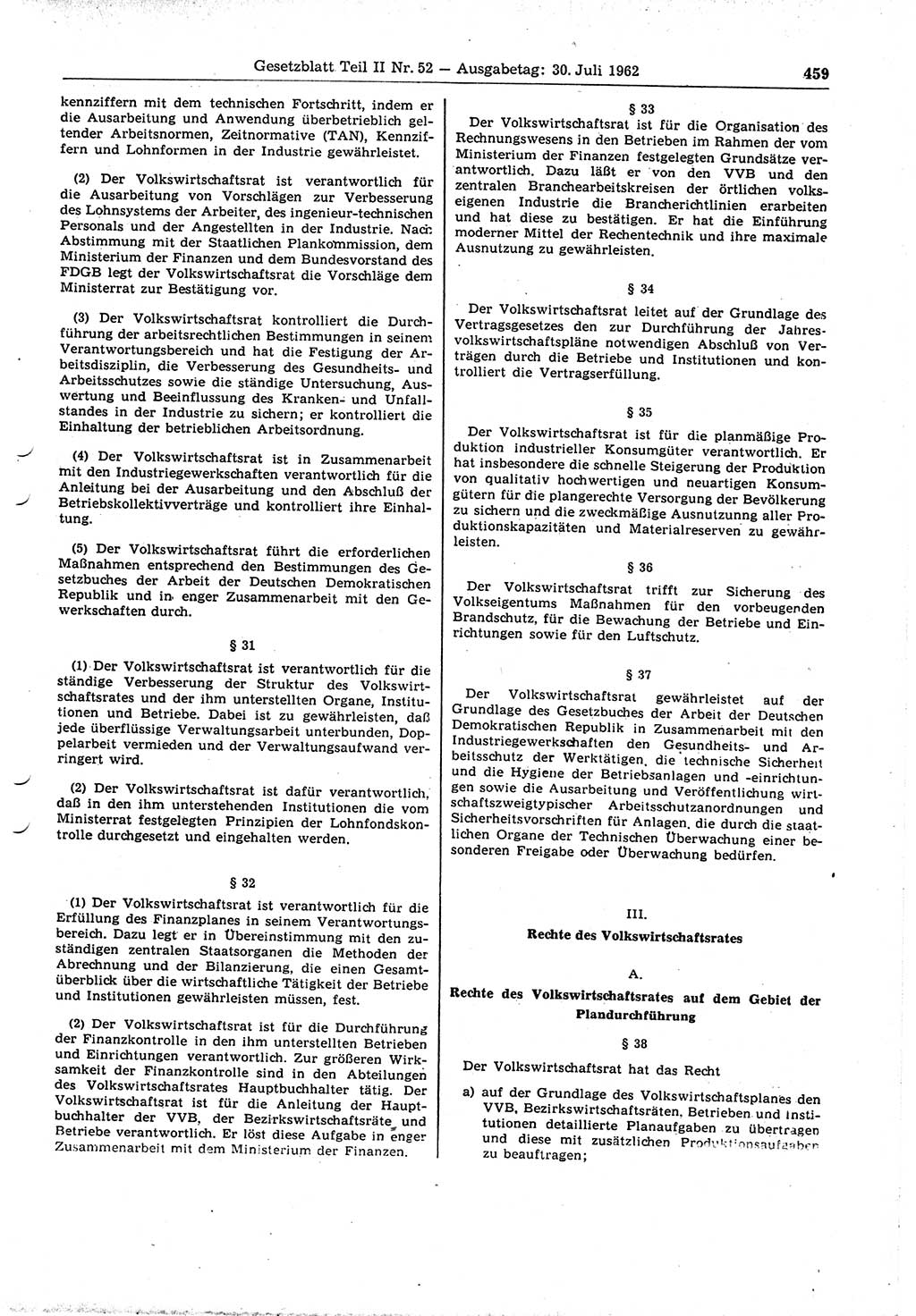 Gesetzblatt (GBl.) der Deutschen Demokratischen Republik (DDR) Teil ⅠⅠ 1962, Seite 459 (GBl. DDR ⅠⅠ 1962, S. 459)