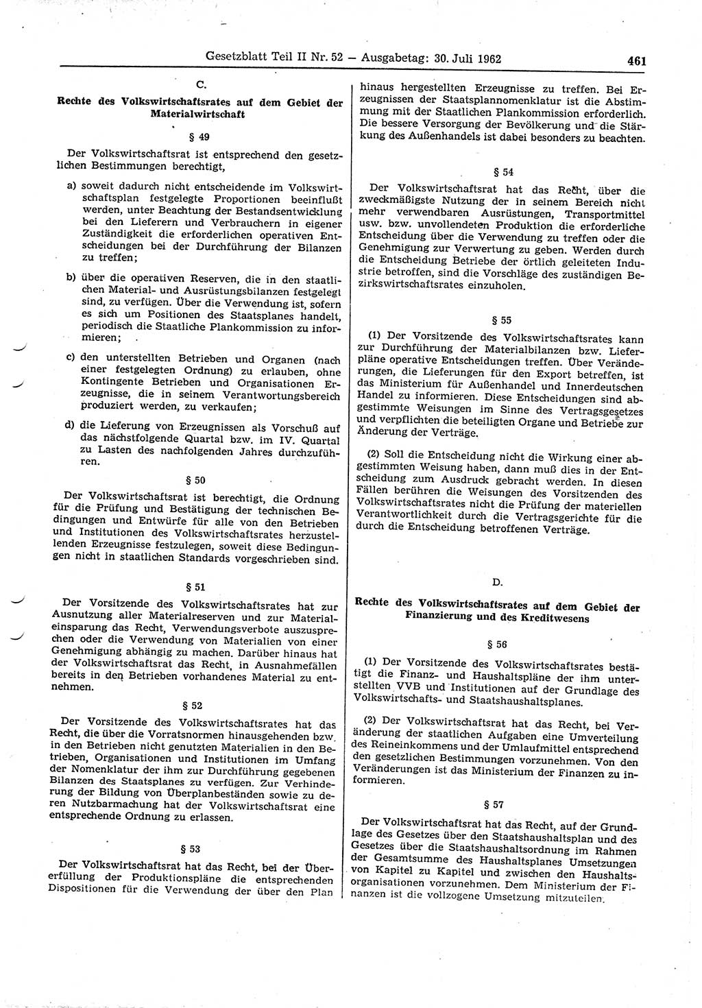 Gesetzblatt (GBl.) der Deutschen Demokratischen Republik (DDR) Teil ⅠⅠ 1962, Seite 461 (GBl. DDR ⅠⅠ 1962, S. 461)