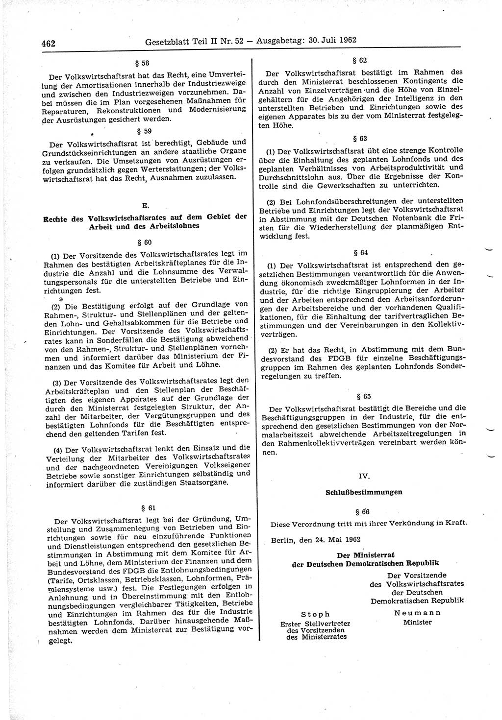 Gesetzblatt (GBl.) der Deutschen Demokratischen Republik (DDR) Teil ⅠⅠ 1962, Seite 462 (GBl. DDR ⅠⅠ 1962, S. 462)