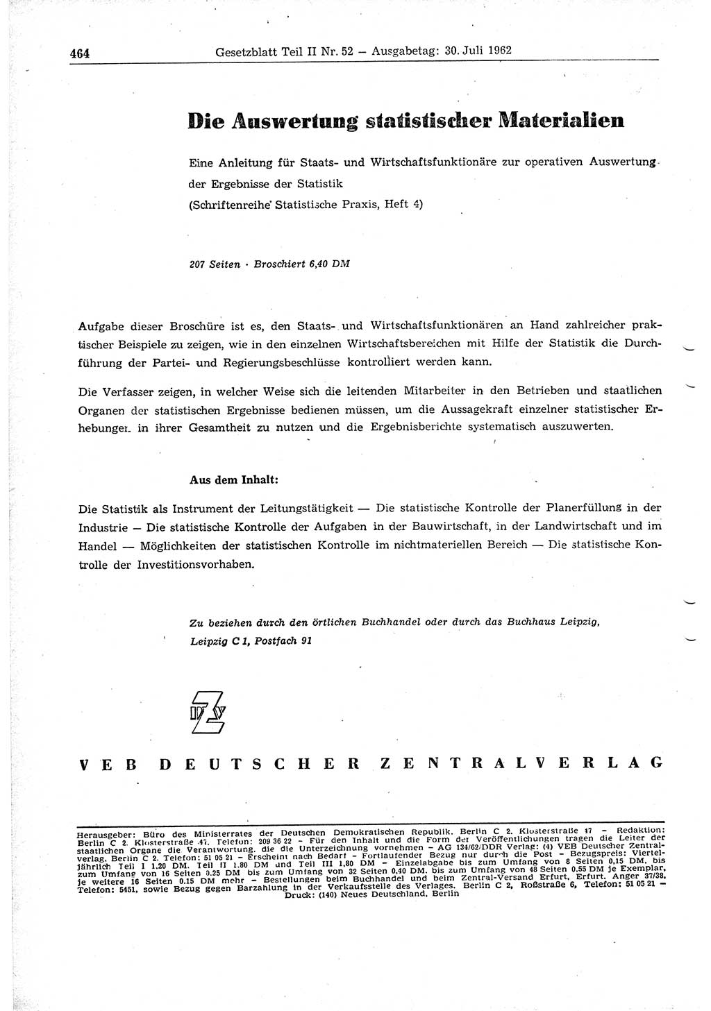 Gesetzblatt (GBl.) der Deutschen Demokratischen Republik (DDR) Teil ⅠⅠ 1962, Seite 464 (GBl. DDR ⅠⅠ 1962, S. 464)