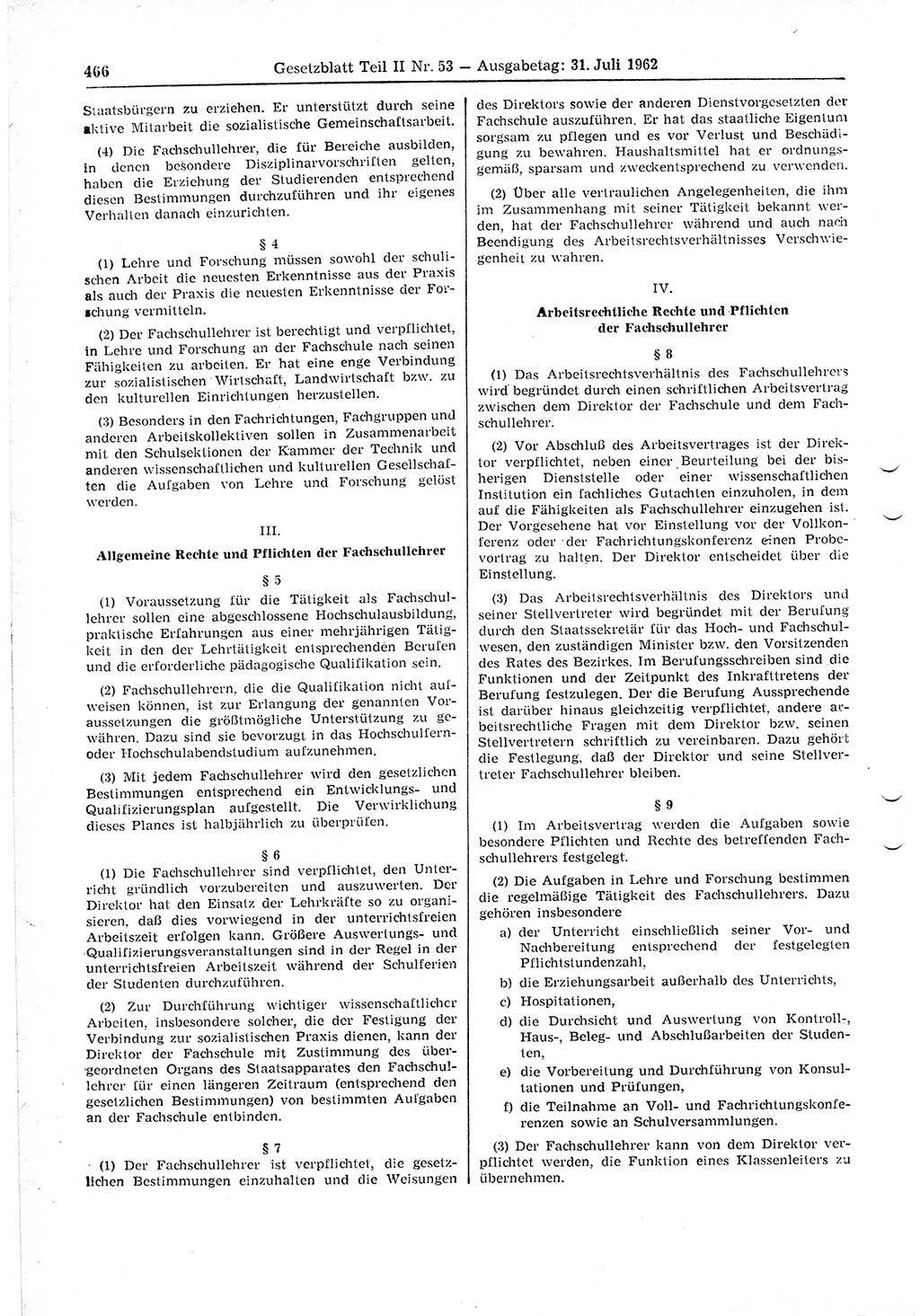 Gesetzblatt (GBl.) der Deutschen Demokratischen Republik (DDR) Teil ⅠⅠ 1962, Seite 466 (GBl. DDR ⅠⅠ 1962, S. 466)