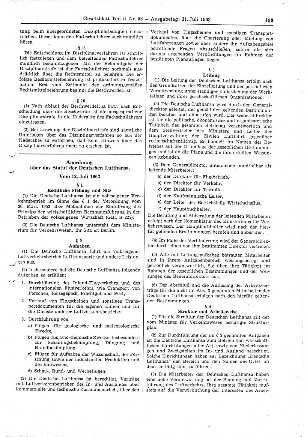 Gesetzblatt (GBl.) der Deutschen Demokratischen Republik (DDR) Teil ⅠⅠ 1962, Seite 469 (GBl. DDR ⅠⅠ 1962, S. 469)