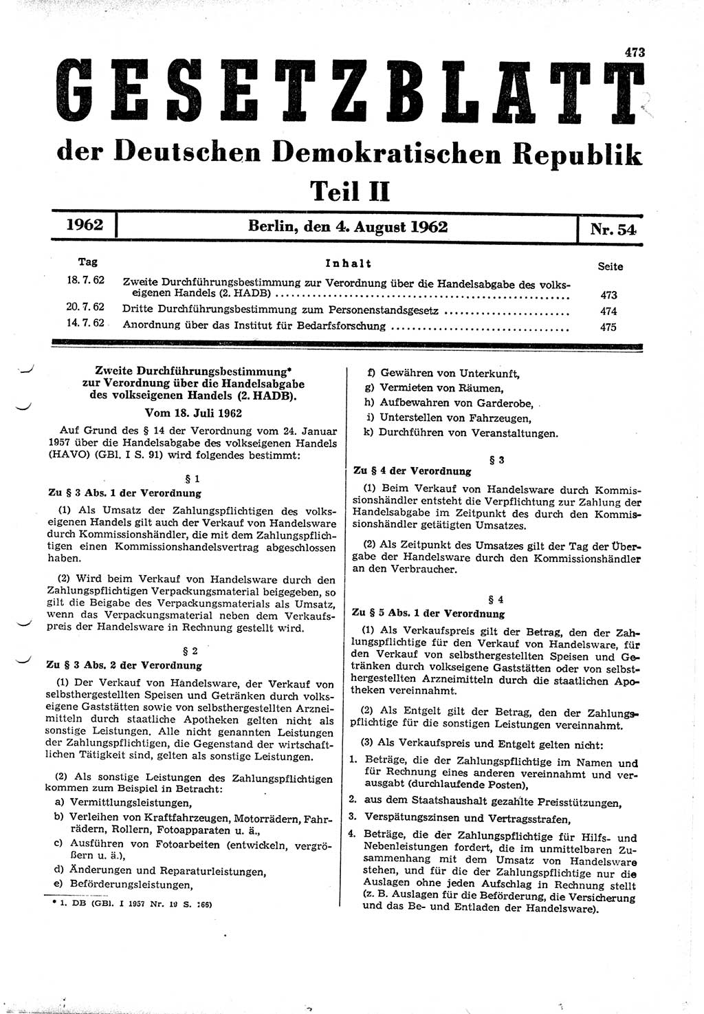 Gesetzblatt (GBl.) der Deutschen Demokratischen Republik (DDR) Teil ⅠⅠ 1962, Seite 473 (GBl. DDR ⅠⅠ 1962, S. 473)