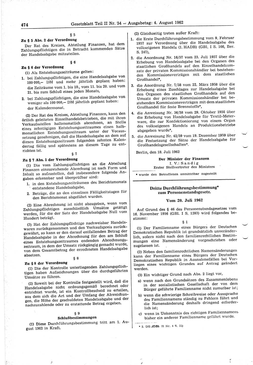 Gesetzblatt (GBl.) der Deutschen Demokratischen Republik (DDR) Teil ⅠⅠ 1962, Seite 474 (GBl. DDR ⅠⅠ 1962, S. 474)