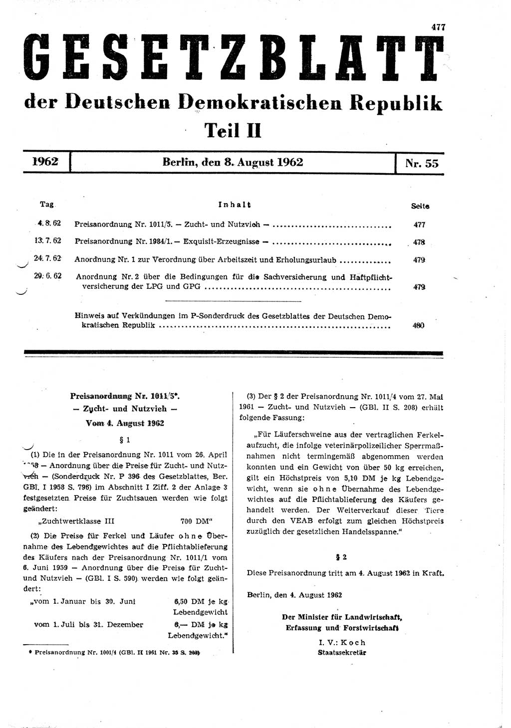 Gesetzblatt (GBl.) der Deutschen Demokratischen Republik (DDR) Teil ⅠⅠ 1962, Seite 477 (GBl. DDR ⅠⅠ 1962, S. 477)