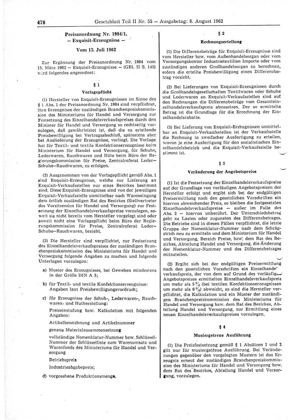Gesetzblatt (GBl.) der Deutschen Demokratischen Republik (DDR) Teil ⅠⅠ 1962, Seite 478 (GBl. DDR ⅠⅠ 1962, S. 478)