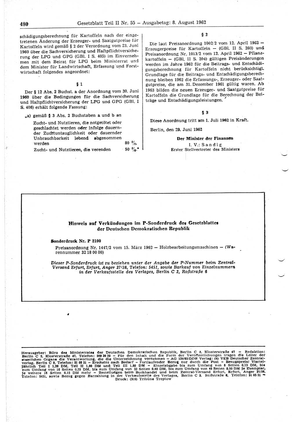 Gesetzblatt (GBl.) der Deutschen Demokratischen Republik (DDR) Teil ⅠⅠ 1962, Seite 480 (GBl. DDR ⅠⅠ 1962, S. 480)