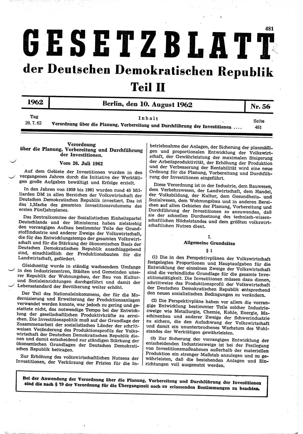 Gesetzblatt (GBl.) der Deutschen Demokratischen Republik (DDR) Teil ⅠⅠ 1962, Seite 481 (GBl. DDR ⅠⅠ 1962, S. 481)