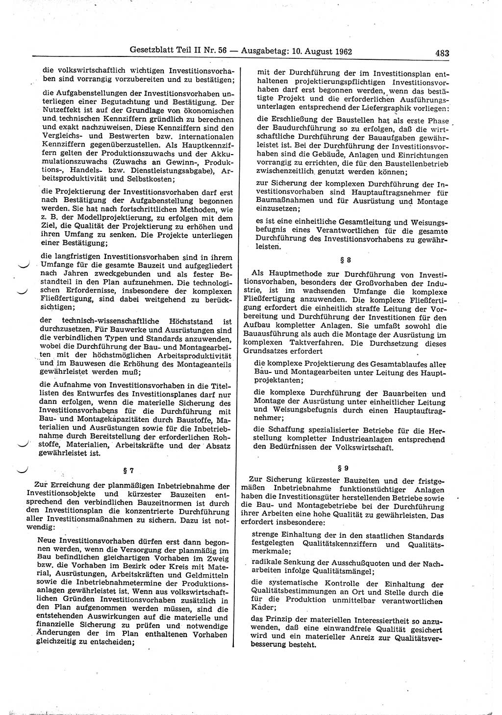 Gesetzblatt (GBl.) der Deutschen Demokratischen Republik (DDR) Teil ⅠⅠ 1962, Seite 483 (GBl. DDR ⅠⅠ 1962, S. 483)