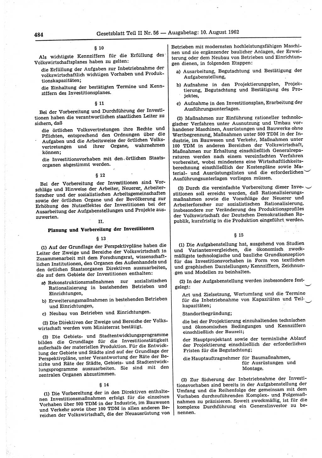 Gesetzblatt (GBl.) der Deutschen Demokratischen Republik (DDR) Teil ⅠⅠ 1962, Seite 484 (GBl. DDR ⅠⅠ 1962, S. 484)