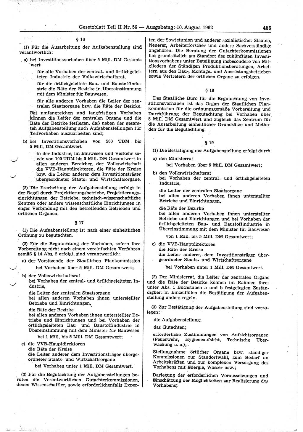 Gesetzblatt (GBl.) der Deutschen Demokratischen Republik (DDR) Teil ⅠⅠ 1962, Seite 485 (GBl. DDR ⅠⅠ 1962, S. 485)