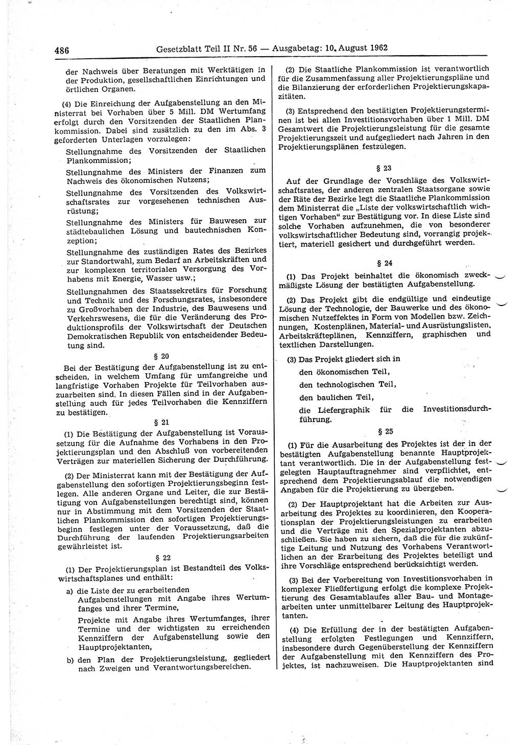 Gesetzblatt (GBl.) der Deutschen Demokratischen Republik (DDR) Teil ⅠⅠ 1962, Seite 486 (GBl. DDR ⅠⅠ 1962, S. 486)