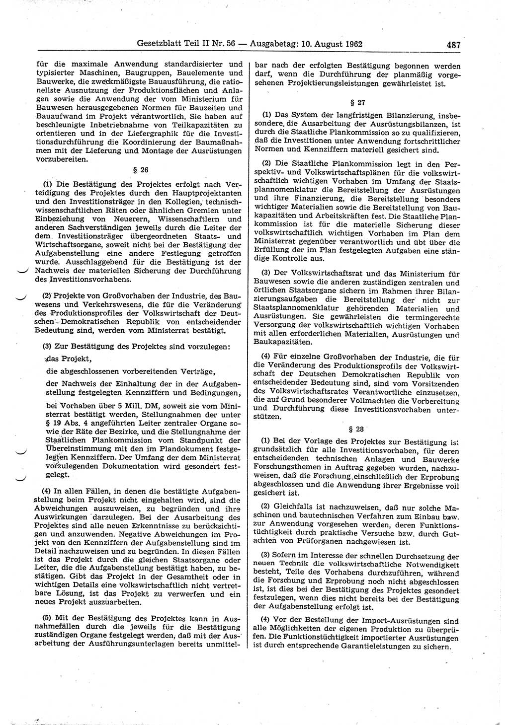 Gesetzblatt (GBl.) der Deutschen Demokratischen Republik (DDR) Teil ⅠⅠ 1962, Seite 487 (GBl. DDR ⅠⅠ 1962, S. 487)