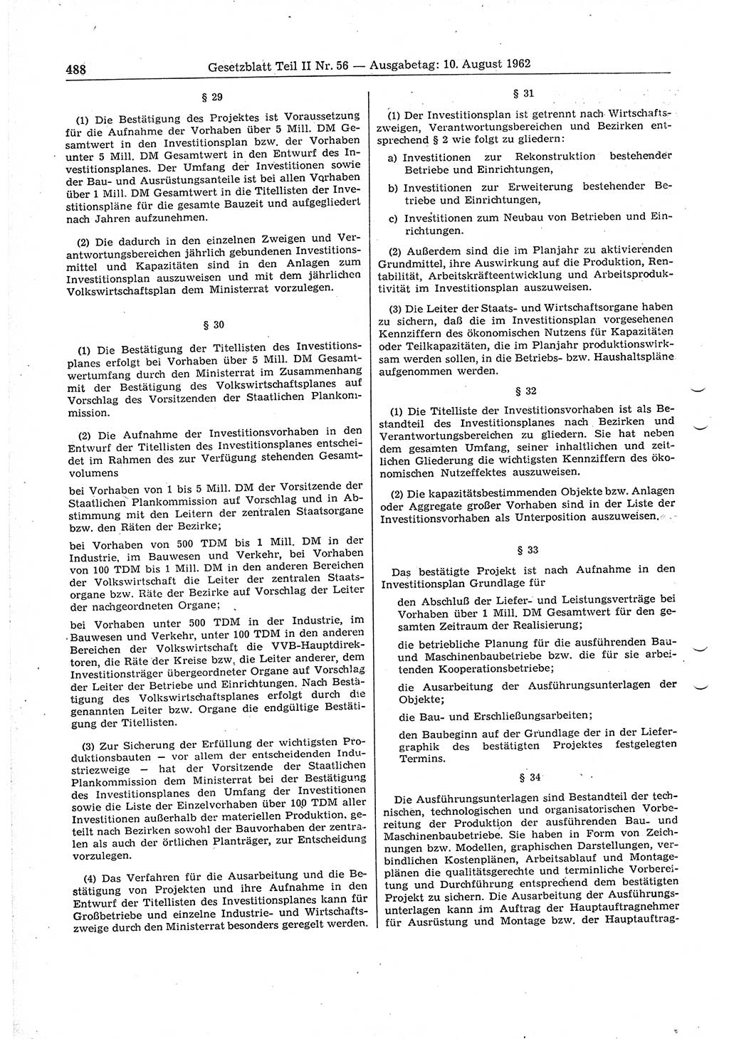 Gesetzblatt (GBl.) der Deutschen Demokratischen Republik (DDR) Teil ⅠⅠ 1962, Seite 488 (GBl. DDR ⅠⅠ 1962, S. 488)