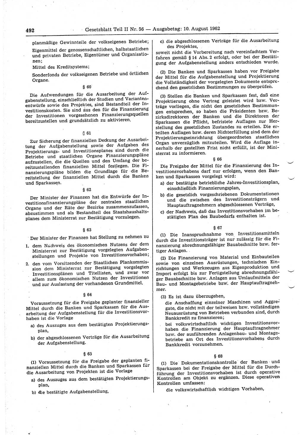 Gesetzblatt (GBl.) der Deutschen Demokratischen Republik (DDR) Teil ⅠⅠ 1962, Seite 492 (GBl. DDR ⅠⅠ 1962, S. 492)