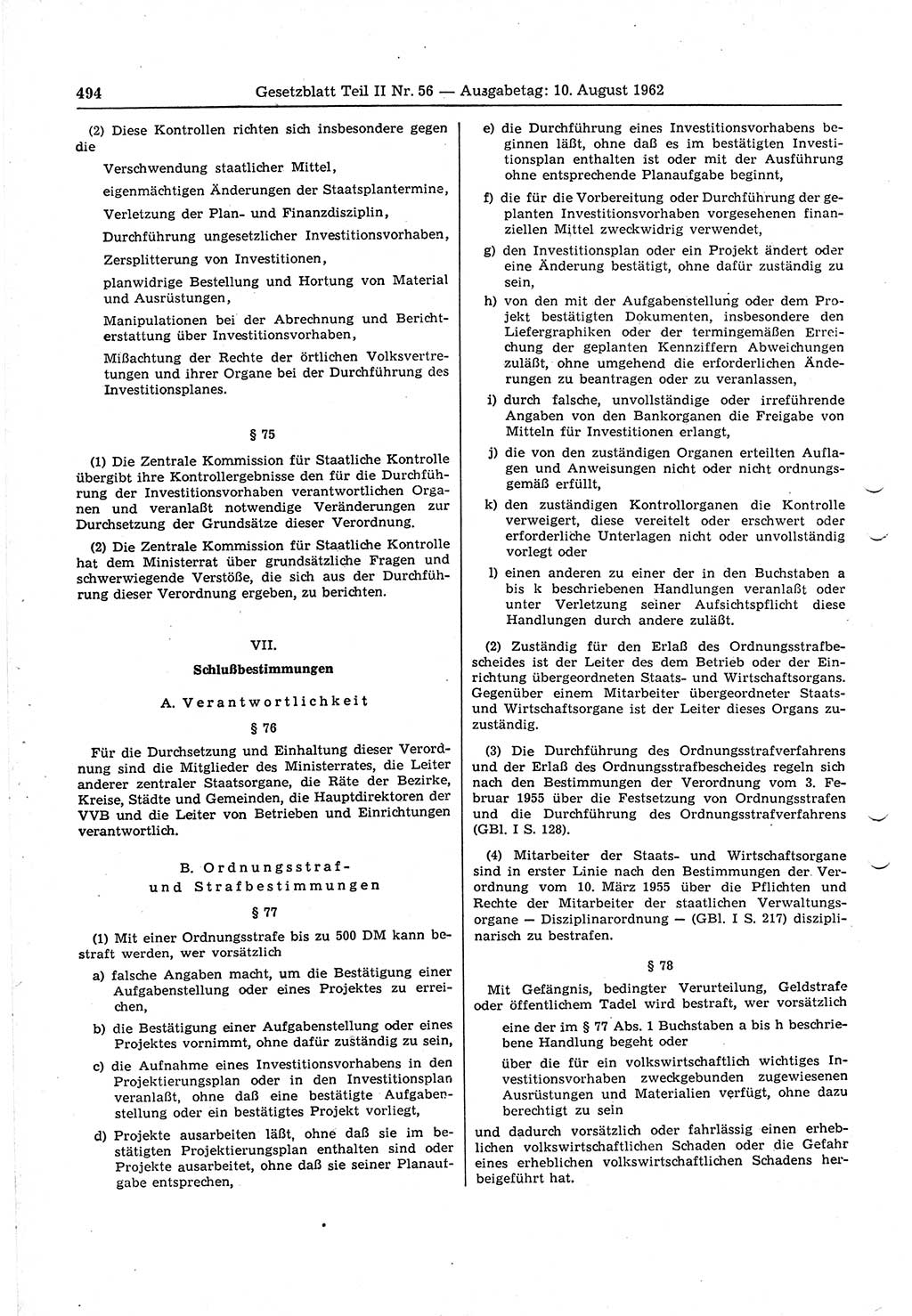 Gesetzblatt (GBl.) der Deutschen Demokratischen Republik (DDR) Teil ⅠⅠ 1962, Seite 494 (GBl. DDR ⅠⅠ 1962, S. 494)