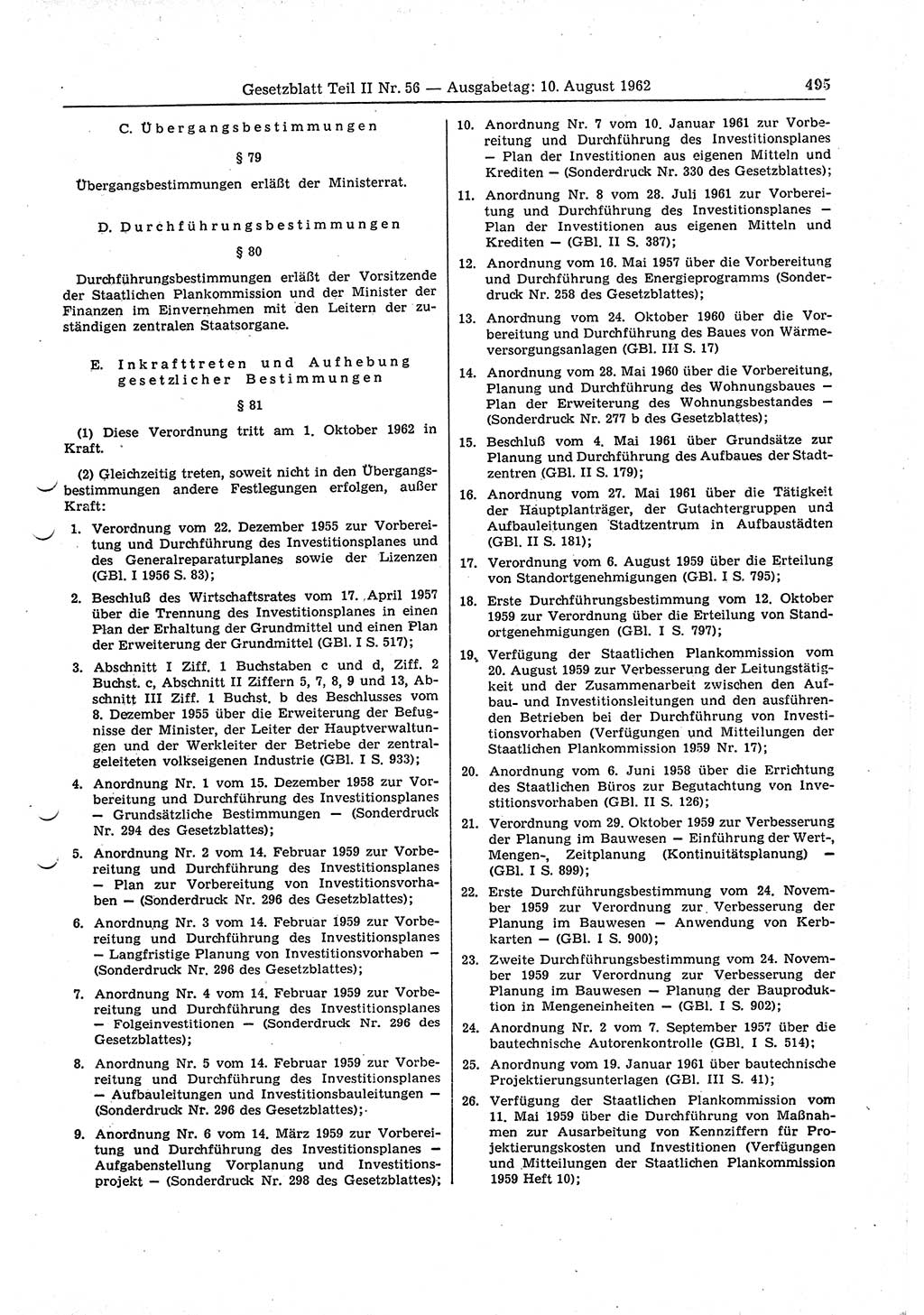 Gesetzblatt (GBl.) der Deutschen Demokratischen Republik (DDR) Teil ⅠⅠ 1962, Seite 495 (GBl. DDR ⅠⅠ 1962, S. 495)