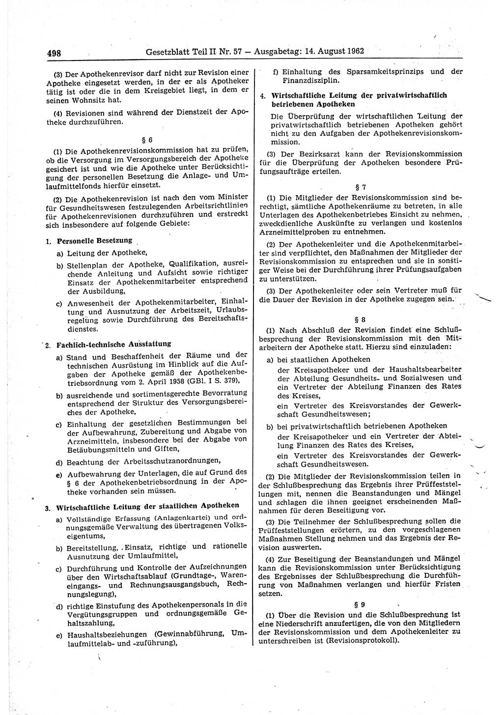 Gesetzblatt (GBl.) der Deutschen Demokratischen Republik (DDR) Teil ⅠⅠ 1962, Seite 498 (GBl. DDR ⅠⅠ 1962, S. 498)