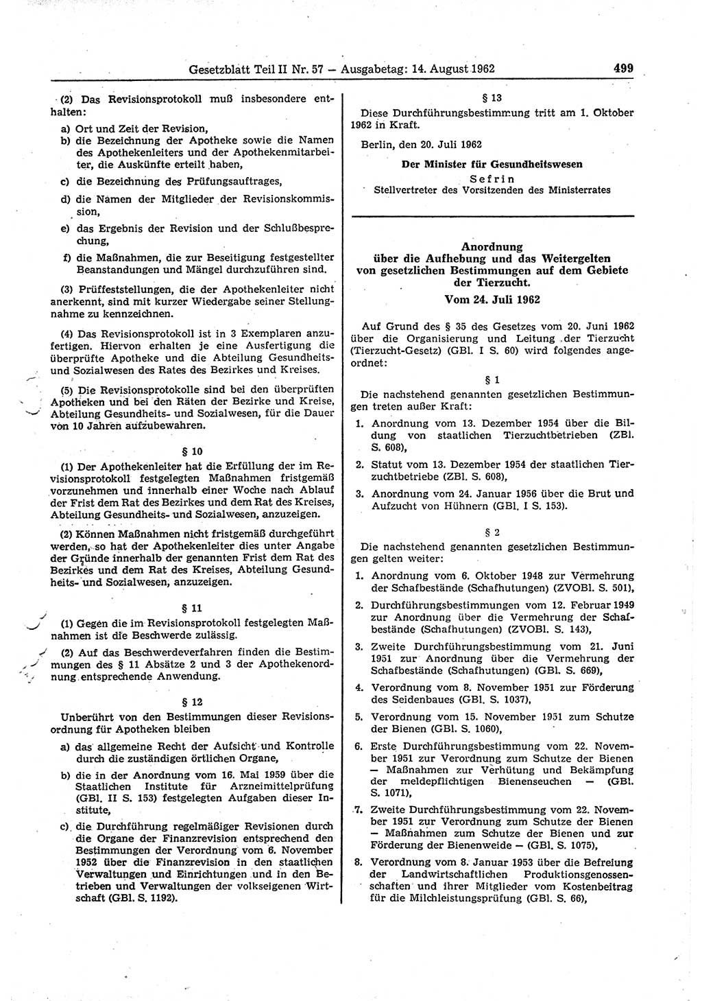 Gesetzblatt (GBl.) der Deutschen Demokratischen Republik (DDR) Teil ⅠⅠ 1962, Seite 499 (GBl. DDR ⅠⅠ 1962, S. 499)