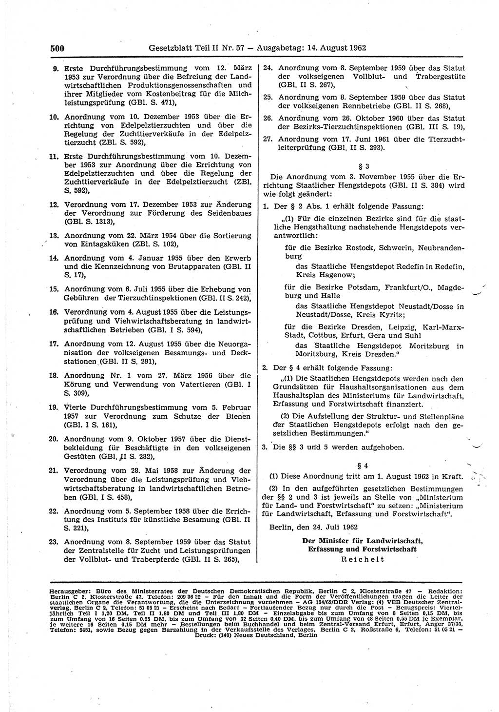 Gesetzblatt (GBl.) der Deutschen Demokratischen Republik (DDR) Teil ⅠⅠ 1962, Seite 500 (GBl. DDR ⅠⅠ 1962, S. 500)