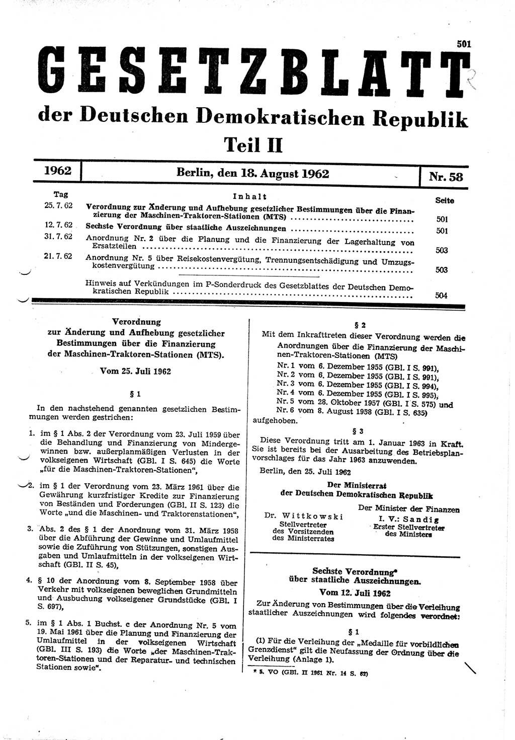 Gesetzblatt (GBl.) der Deutschen Demokratischen Republik (DDR) Teil ⅠⅠ 1962, Seite 501 (GBl. DDR ⅠⅠ 1962, S. 501)
